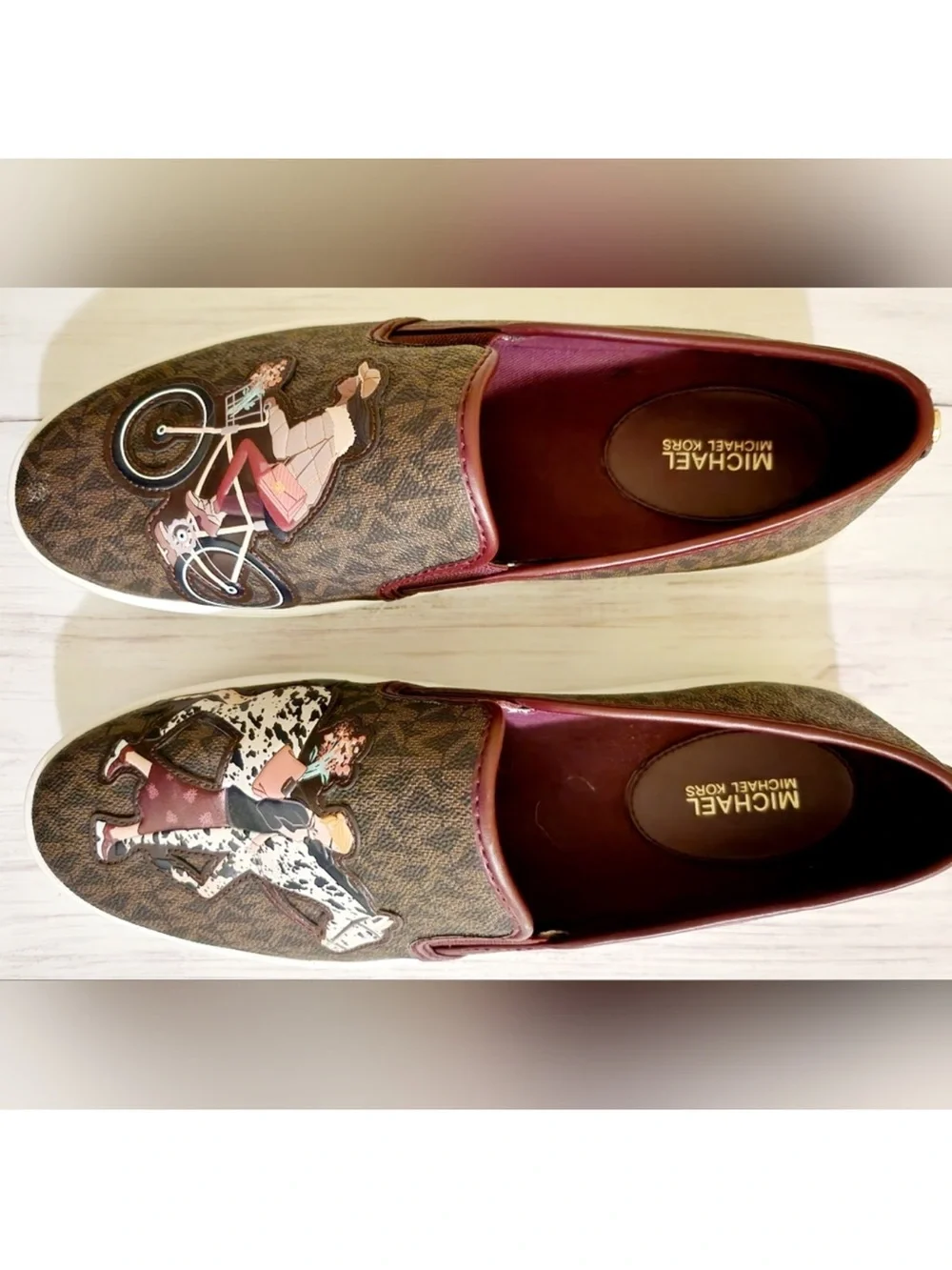 Michael Kors Brown Logo Slip-On Sneakers with Maroon Trim and Illustrated Motifs